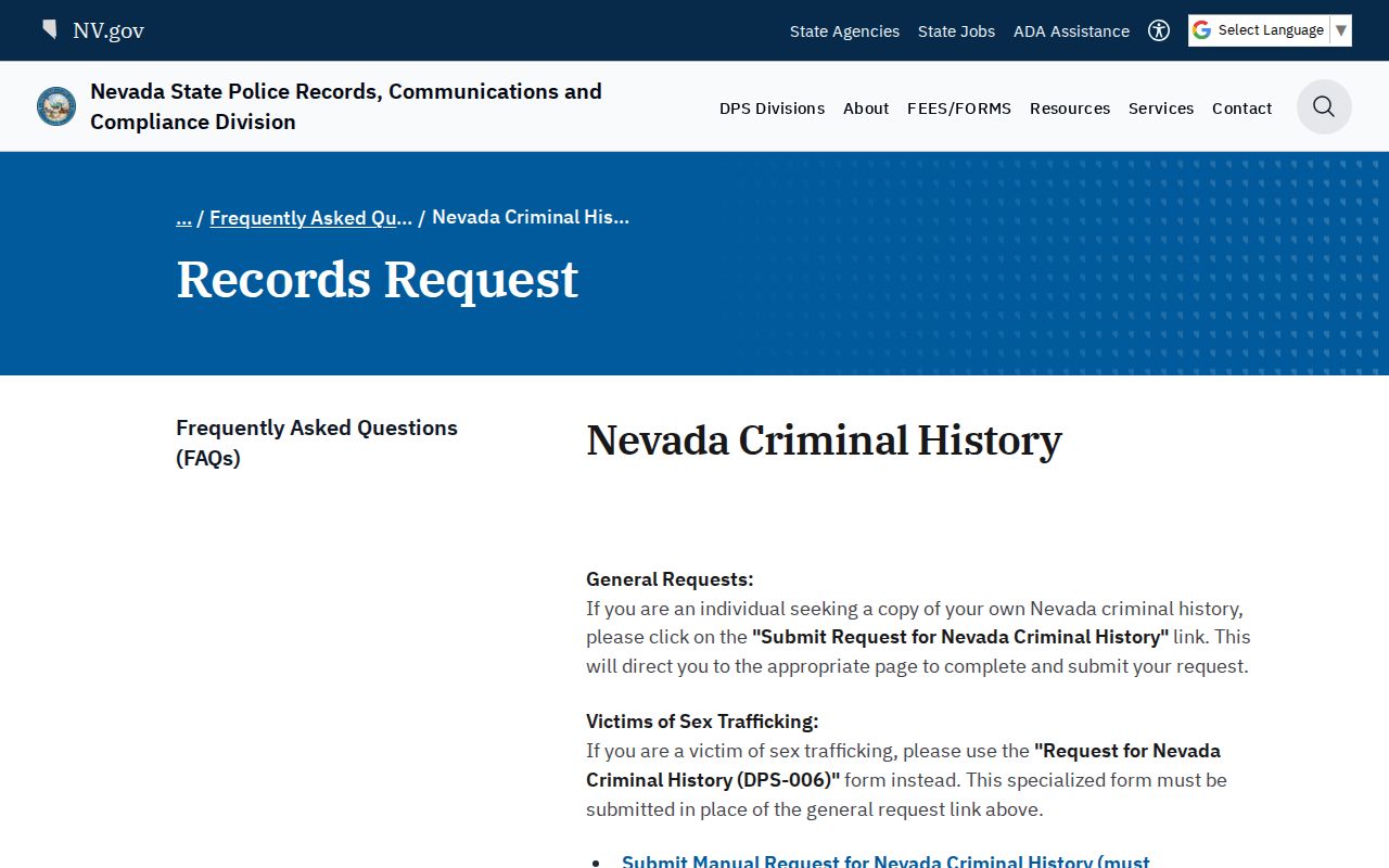 Lyon County criminal history own-record request forms from Nevada State Police
