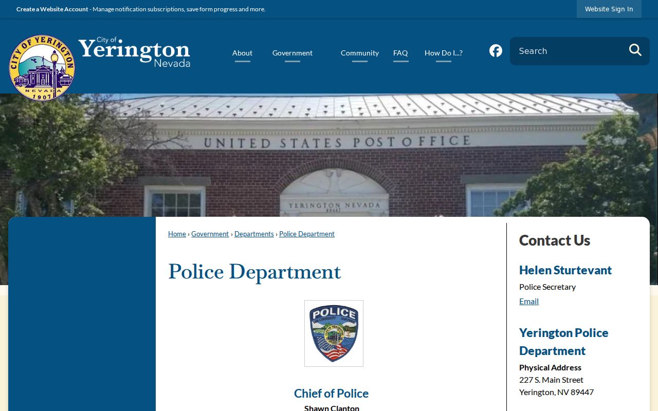 Yerington criminal records police department contact page